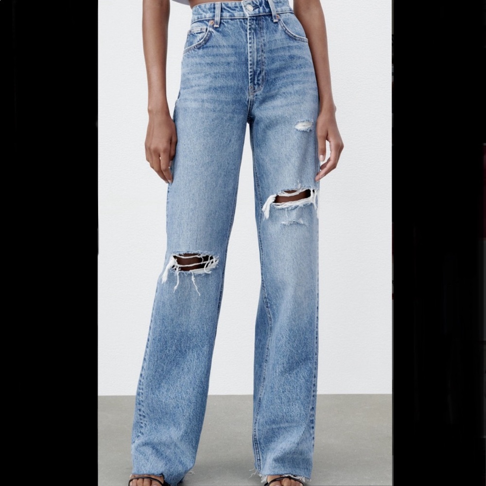 Zara Ripped Wide Leg Jeans - Dark Wash